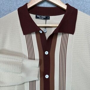 Paul Jones Mens XL Knit Polo Cardigan Retro Striped Long Sleeve Sweater Cream‎